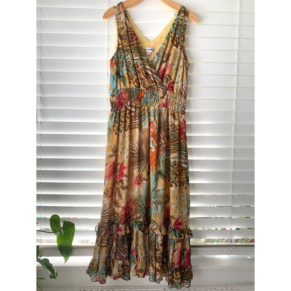 Isadora Collection Tropical Floral Smocked Midi Dress Womens 12 Yellow Ruffle‎